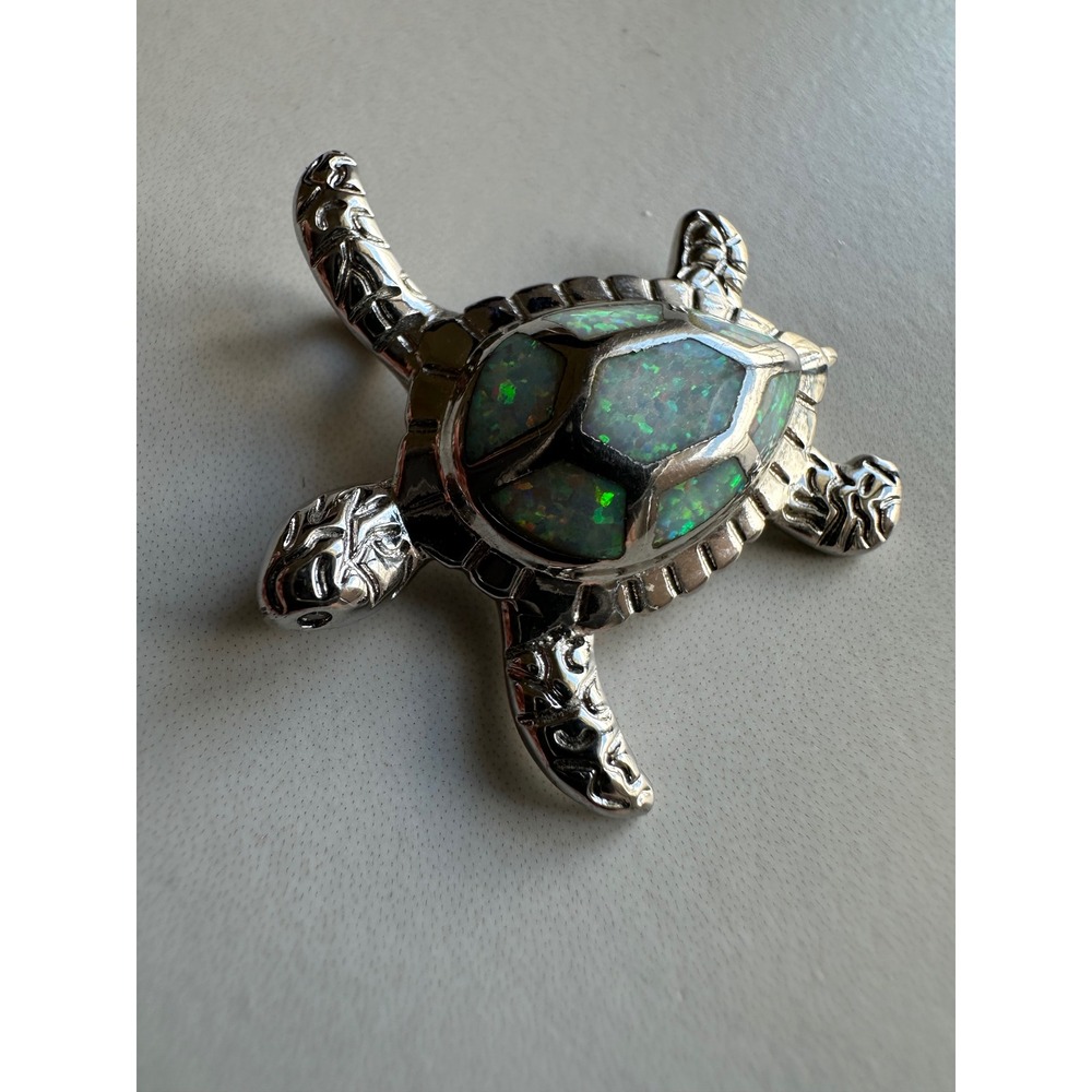 925 Sterling Silver Sea Turtle Pendant Lab Created Opal Inlay Marine Charm